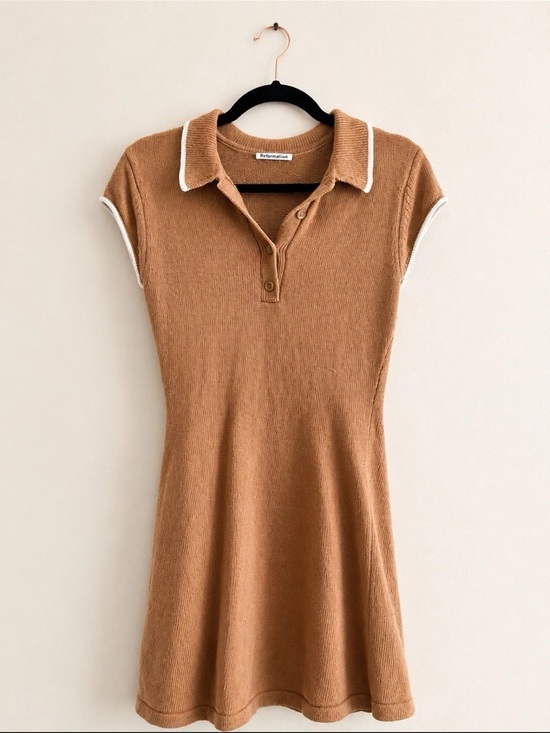 Reformation Dresses & Skirts - Reformation Camel Brown Knit Polo Mini Dress with White Trim